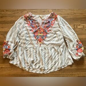 Savanna Jane Embroidered Floral Striped Peplum Top Gray Red Multi 1X